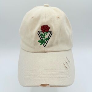 Rose Embroidered BaseballCap distressed Hat Cream